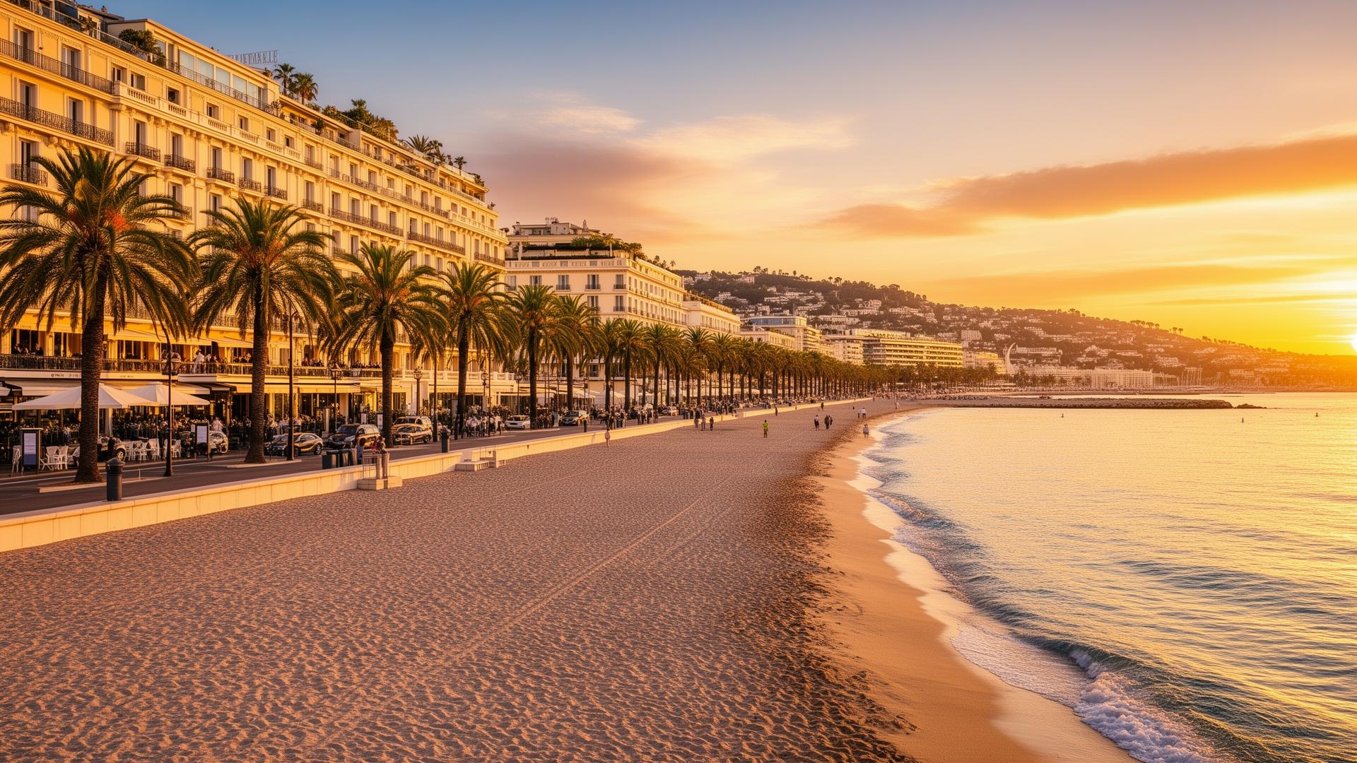 La Croisette à Cannes avec ses palaces et palmiers au coucher du soleil