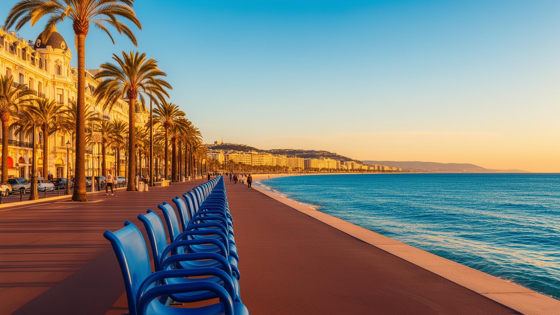 Promenade des Anglais à Nice avec ses célèbres chaises bleues et la Méditerranée