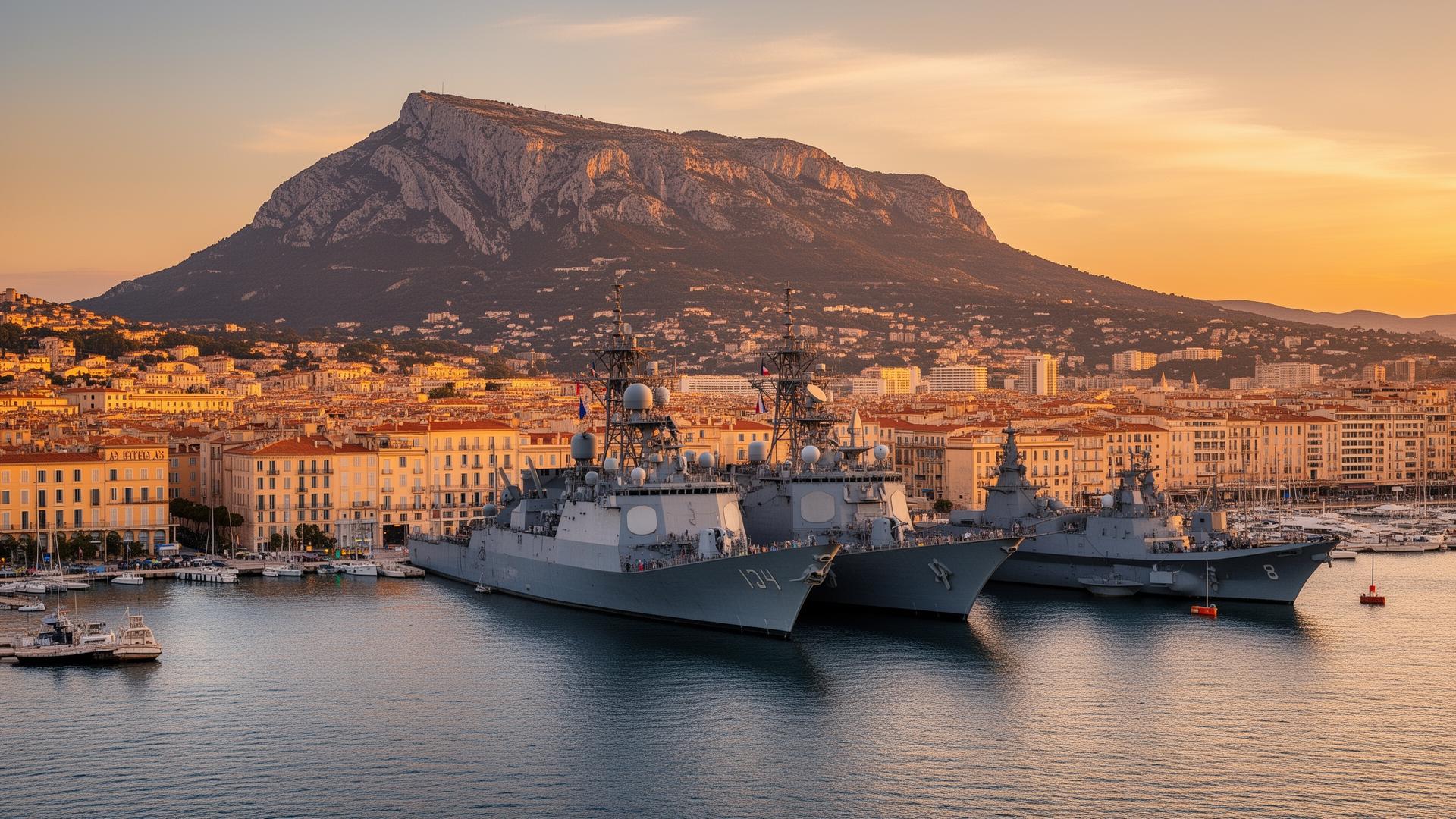Rade de Toulon avec le Mont Faron et les navires de la Marine nationale